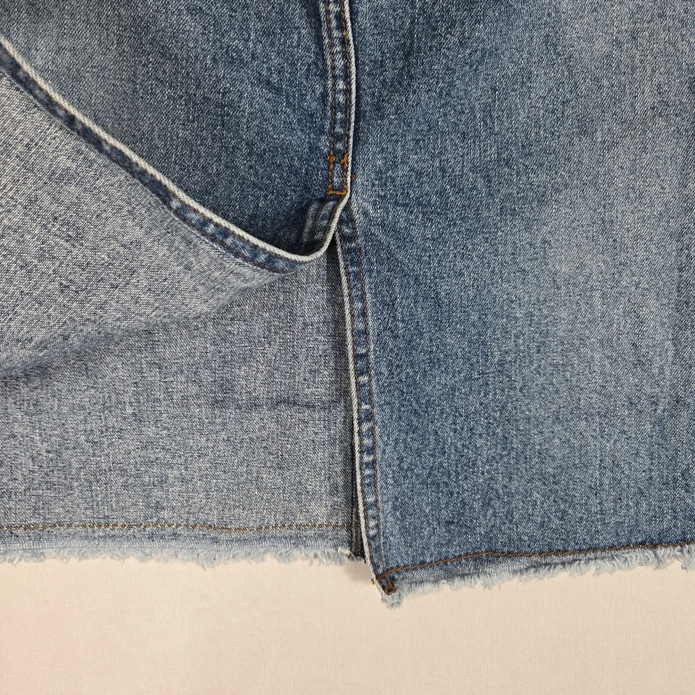 Y2K Hot Kiss Denim Skirt sz 7 28 Leather Tie Angle Seams Indie Sleaze Fray Hem